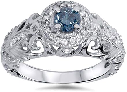 ABHI 0.70 Ct Round Blue Diamond Vintage Halo Wedding Engagement Ring 14K White Gold Over