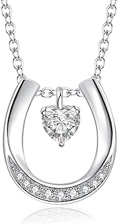 Sterling Silver Horseshoe Pendant Necklace with Cable Chain & Heart-Shaped Zirconia for Horse Lovers