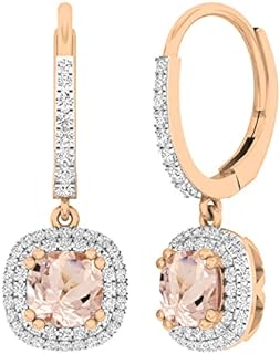 Dazzlingrock Collection 14K 6 MM Each Cushion Gemstone & Round Diamond Ladies Halo Dangling Drop Earrings, Rose Gold