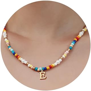 JSJOY Colorful Beaded Initial Necklaces for Women Girls Beaded Choker y2k Rainbow Beaded Necklace Gold Letter A-Z Pendant Necklace Handmade Jewelry Gifts for Teen Girls