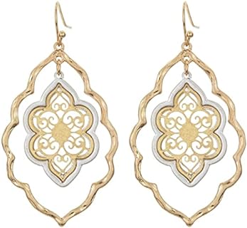 Gold Filigree Cut-Out French Wire Back Chandelier Hoop Earrings for Women, Stylish Drop Design Dangle Earrings Ideal for Sisters, Moms, Friends- No Gemstone