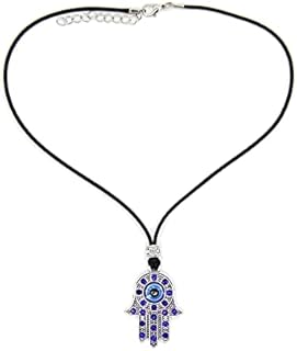 Evil Eye Necklace Blue Third Eye Pendant for Women Hamsa Hand Ojo Turkish Protection Jewelry Men Charm Silver Crystal Leather Chain 16 Inch