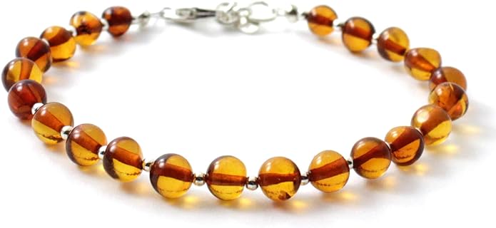 Unisex Silver-Plated Baltic Amber Bracelet with Lobster Claw clasp, Box Chain Design - 7 Inches - Polished Green Beads