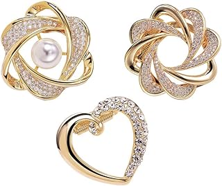 3PCS Scarf Clip Brooches All In One Elegant Pearl Floral Rhinestones Golden Clothes Corner Knotted Button Brooch Scarves Buckle Ring T-Shirt Tie Clips Multi-Purposes For Women Lady Girls Decoration Accessories Jewelry