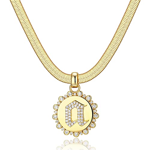 Herringbone Initial Disc Pendant Necklace 18'' | 5mm Thick Herringbone Choker Sparkle Coin Medallion Diamond Initial Letter Necklace