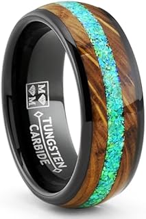 Clasp-Lock Black Tungsten Whiskey Barrel Wedding Ring with Green Opal Inlay for Men - Dome High Polish Design