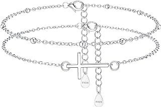 ZELORES 925 Sterling Silver Cross Evil Eye Anklets For Women White Gold Plated Ankle Bracelets Dainty Adjustable Layered Cross Evil Eye Beaded Chain Anklets Summer Beach Foot Jewelry