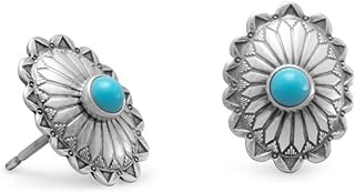 Oxidized 925 Sterling Silver Stabilized Mexican Simulated Turquoise Concho Style Stud Earrings Jewelry for Women