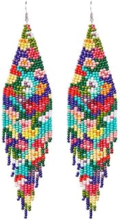 Bohemian Long Beaded Tassel Dangle Earrings with French Wire Back Finding - Seed Bead Tribal Design, Ideal Gift for Women and Girls