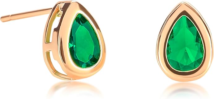 Boucles d'oreilles Émeraude Zavana en Serti Clos, Taille Poire 9x7mm, Laiton Plaqué Or, Idéales pour Femmes et Adolescentes, Sans Nickel ni Plomb, Cadeau Parfait