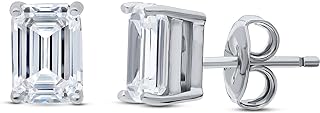 BERRICLE Sterling Silver Solitaire Emerald Cut Cubic Zirconia CZ Anniversary Stud Earrings for Unisex, Rhodium Plated