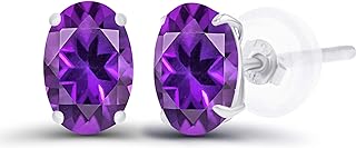 925 Sterling Silver Oval Amethyst Stud Earrings with Push Back for Women, Gold Plated