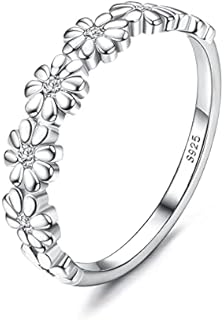 White Gold Sterling Silver Leather Wedding Ring with Colorful Cubic Zirconia in Daisy Flower Design by MILACOLATO