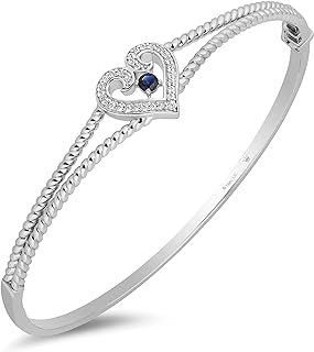 Sterling Silver Heart Bangle with Box Chain and Box With Tongue And Safety Clasp Featuring 3 MM Created Blue Sapphire and 1/5 Cttw Natural White Diamonds for Women - Elegant Design