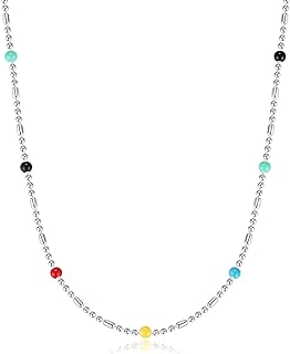 Unisex Sterling Silver Ball Chain Necklace with Lobster Clasp and Vibrant Beads for Men and Women