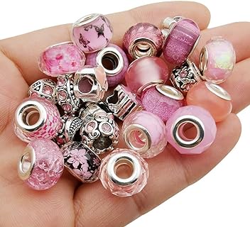 50pcs Assorted Pink Resin Imitation Glass European Large Hole Beads Rhinestone Metal Spacer Charms Bead Assortments for DIY Crafts Bracelets Necklaces Jewelry Making (M567-Pink)