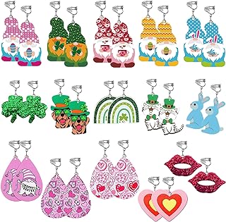 15 Pairs Valentines Day Earrings for Women St.Patrick Day Earrings Easter Clip-On Earring Set with Gnome Heart Clover Green Hat Egg Bunny Faux Leather Dangle Earrings Set for Teen Girls Jewelry