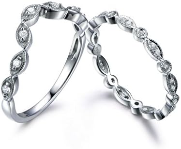 14k White Gold Natural Diamond Promise Ring Set,Antique Vintage Marquise Milgrain Wedding Proposal Sets