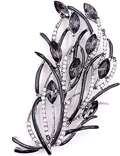 SELOVO Leaf Big Statement Black Crystal Rhinestone Brooch Pin Broach Antiqued Silver Tone