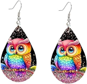 French Wire Back Finding Owl Dangle Wood Earrings with Animal and Butterfly Prints for Women and Girls
