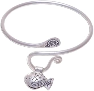 NOVICA Artisan Handcrafted Silver Charm Cuff Bracelet Thai Hill Tribe Fish Fine No Stone Thailand Animal Themed [7.5 in L (end to End) x 0.1 in W Charm(s) 0.5 in L x 0.8 in W x 0.4 in D] ' Hill