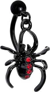 Women's Stainless Steel Spider Design Belly Button Ring with Red Accent, Top Mount, 14G Black PVD for Daily Wear
