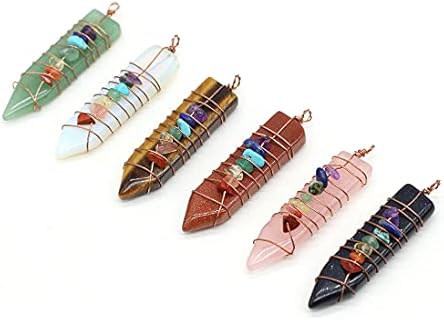 LHJ 4 Pcs Natural Stone Pendants Cone Shape 7 Chakra Reiki Healing Mixed Crystal Stone Charms Copper Wire Wrapped for Jewelry Making Necklace Meditation
