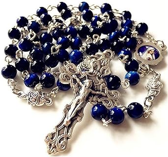 Handcrafted Blue Tiger Eye & Silver Rose Bead Crucifix Rosary Necklace - Spiritual Jewelry for Men and Women, Featuring Vintage Silver-Plated Accents from Italy - Made in USA
