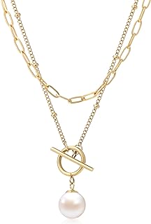 Gold Layered Pearl pendant Necklaces, 18K Gold Plated Initial Paperclip Link Chain Necklace Necklace Jewelry Gifts for Women