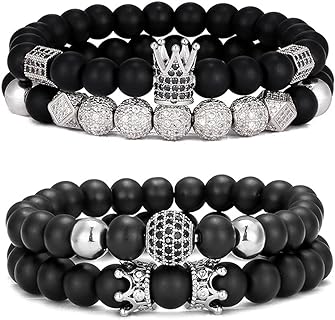 4Pcs 8mm Crown King Charm Beads Bracelet for Men Women Natural Black Matte Onyx Stone Beads Elastic Adjustable