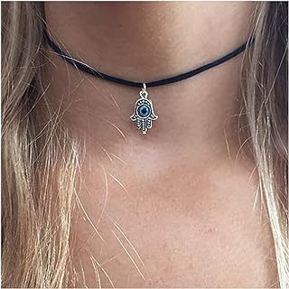 Boho Palm Pendant Necklace Hamsa Hand Necklace Chain Evil Eye Choker Necklace Velvet Rope Hamsa Clavicle Necklace Jewelry for Women and Girls