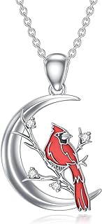 Red Cardinal Necklace with Diamond Cardinal Moon Pendant 925 Sterling Silver Memorial Gift for Women Diamond Jewelry Christmas Birthday
