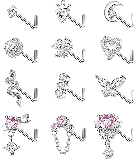 Florideco 12Pcs 20G Nose Rings for Women Dangle Nose Ring Studs Stainless Steel L Shaped Nose Studs Heart Snake Butterfly CZ Dangling Nose Piercing Jewelry