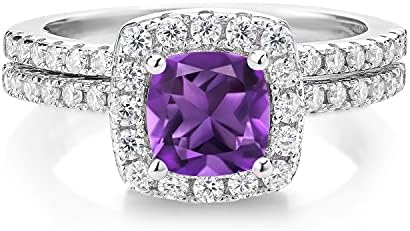 Sterling Silver Amethyst and Moissanite Engagement Ring Set for Women, Cushion Design, Available in Sizes 5 to 9 by Gem Stone King