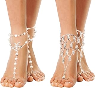 Cosweet 2 Pairs Barefoot Sandals- Beach Anklet Chain with Starfish for Women Lady's Beach Wedding Foot Jewelry Party Accessories