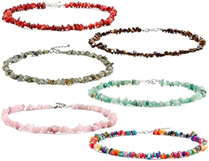 6Pcs Natural Gemstone Chakra Crystal Choker Necklaces for Women Healing Stretch Chips Reiki Necklaces Set Adjustable
