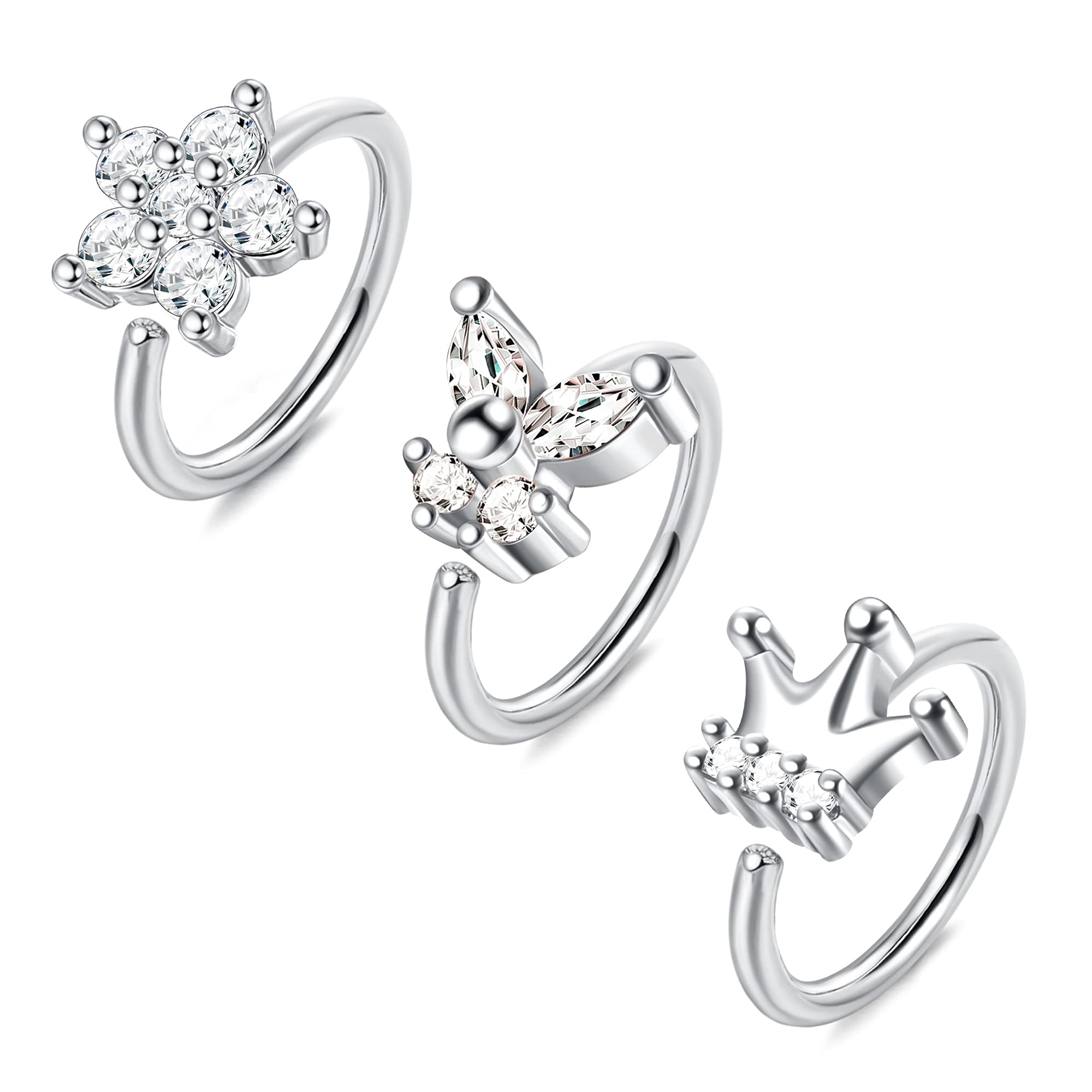 Drperfect 3Pcs 925 Sterling Silver Pin Nose Ring Hoop Paved CZ Flower Butterfly Crown Cartilage Earring for Women Men Ear Piercing Nose Piercing Hoop Body Piercing Jewelry