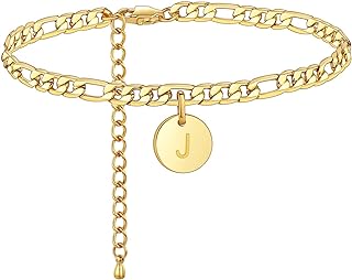 FOSIR 18K Gold Plated Stainless Steel Figaro Chain Anklet for Women Girls, Initial Ankle Bracelets, Waterproof