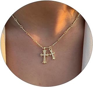 Cross Necklace for Women 14K Gold/Silver Plated Dainty Double Cross Pendant Necklace Cubic Zirconia Cross Necklace Simple Link Chain Choker Necklace Trendy Faith Jewelry Religious Gifts for Women Teen Girls