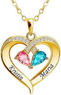 Personalized Gold Figaro Chain Necklace with Custom Heart Locket, 2 Names and Birthstones for Moms, Wives, Girlfriends or BFFs