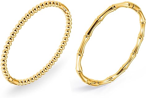 Gold Plated Bracelets Set for Women 14K Gold Plated Bangle Bamboo Bracelet Gold Bead Bangle Jewelry Gifts