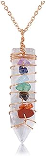 GEHECRST Natural Raw Clear Quartz Point Pendant Necklace Reiki 7 Chakra Healing Crystal Gemstone Chips Rose Gold Copper Wires Wrapped Necklace for Men, Women