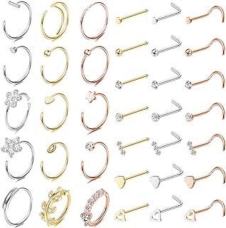 Drperfect 36Pcs 20G Nose Rings Hoop L Shape Screw Bone Nose Studs Stainless Steel Nose Rings Nostril Piercing Jewelry Silver Gold Rose Gold Tone Set Body Jewelry for Women Men