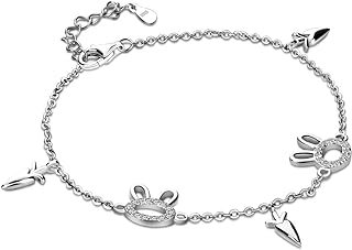 Dankadi Women's Sterling Silver Bunny Charm Bracelet with Lobster Claw Clasp and Box Chain, Adorned with Cubic Zirconia - Cute Rabbit and Radish Design