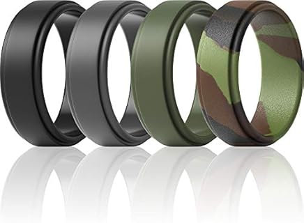 ThunderFit Silicone Wedding Rings for Men - Step Edge Sleek Design - 4 Rubber Engagement Bands - 8mm Width - 2mm Thickness