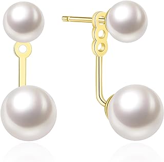 PICKBEAU 18K Gold Plated Bold CZ Diamond Pearl Ear Jacket Studs Earrings for Women | Sterling Silver Post Dainty 2-Way Gold Stud Earrings for Girls
