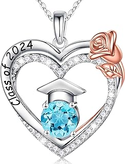 Graduation Gifts for Her 2024 - S925 Sterling Silver Graduation Birthstone Necklace Engraved Class of 2024 Pendant Rose Necklace High School College Graduation Gifts for Her