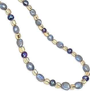 Labradorite Beaded Necklaces for Women,Grey Pearl BOHO Bead Choker Necklace,Gemstone Strand Necklace 18K Gold Plated Stone Jewelry 18inch