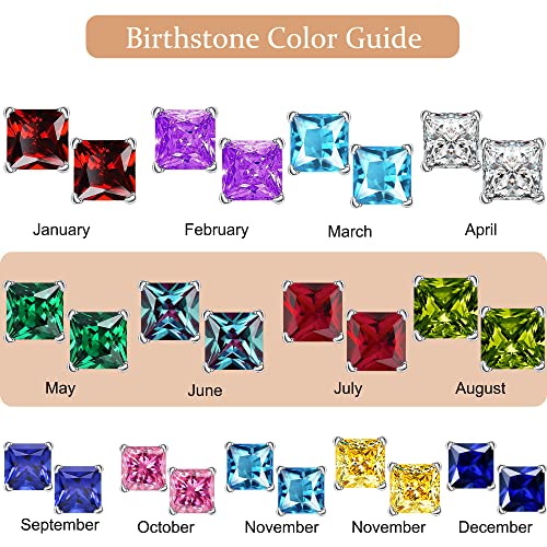 Princess Cut Birthstone Earrings for Women Mom, Genuine or Created Sparkle Birthstone Jewelry 18K White Gold Plated S925 Sterling Silver Solitaire Birthstone Stud Earrings for Women Mom Birthday Gifts