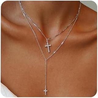 Women's Layered Alloy Choker Necklace with Cross Pendant, Enhanced with Rhinestones and Lobster Clasp 